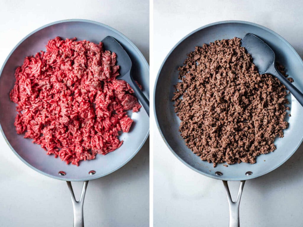 Side by side photos of browning ground beef in a skillet.