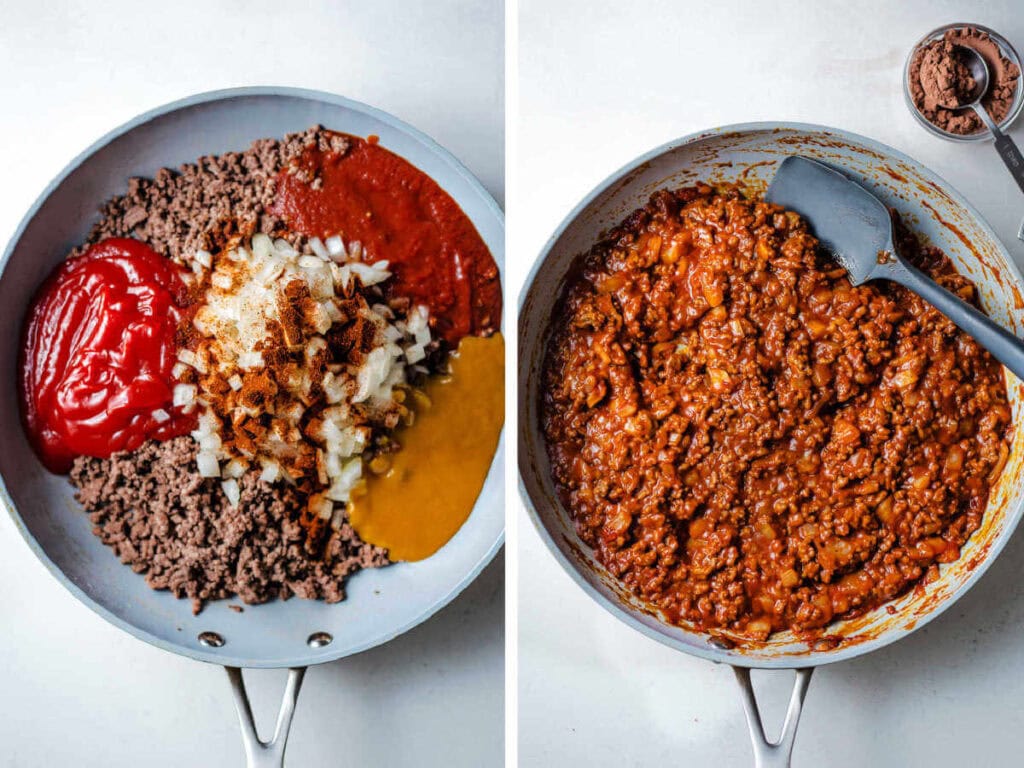 Side by side photos of adding seasoning and onions to the ground beef.
