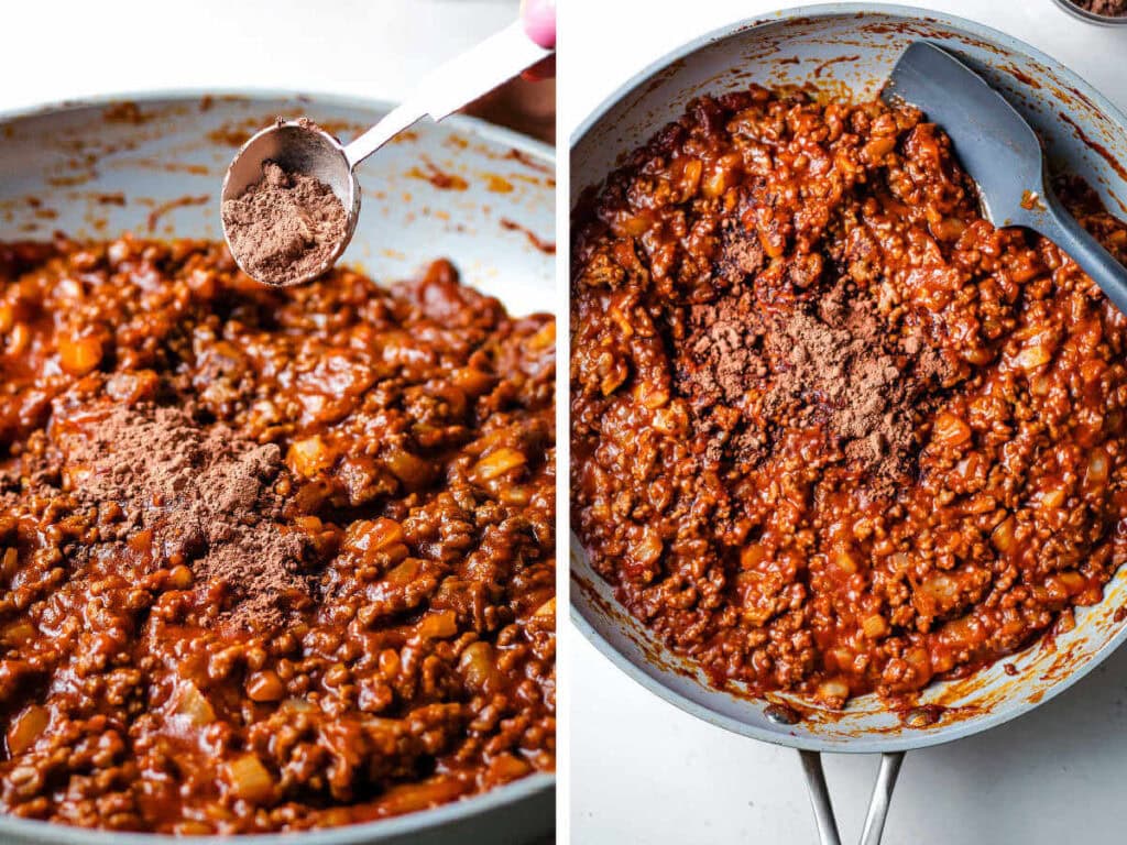 Side by side photos of adding cocoa powder to the hot dog chili.