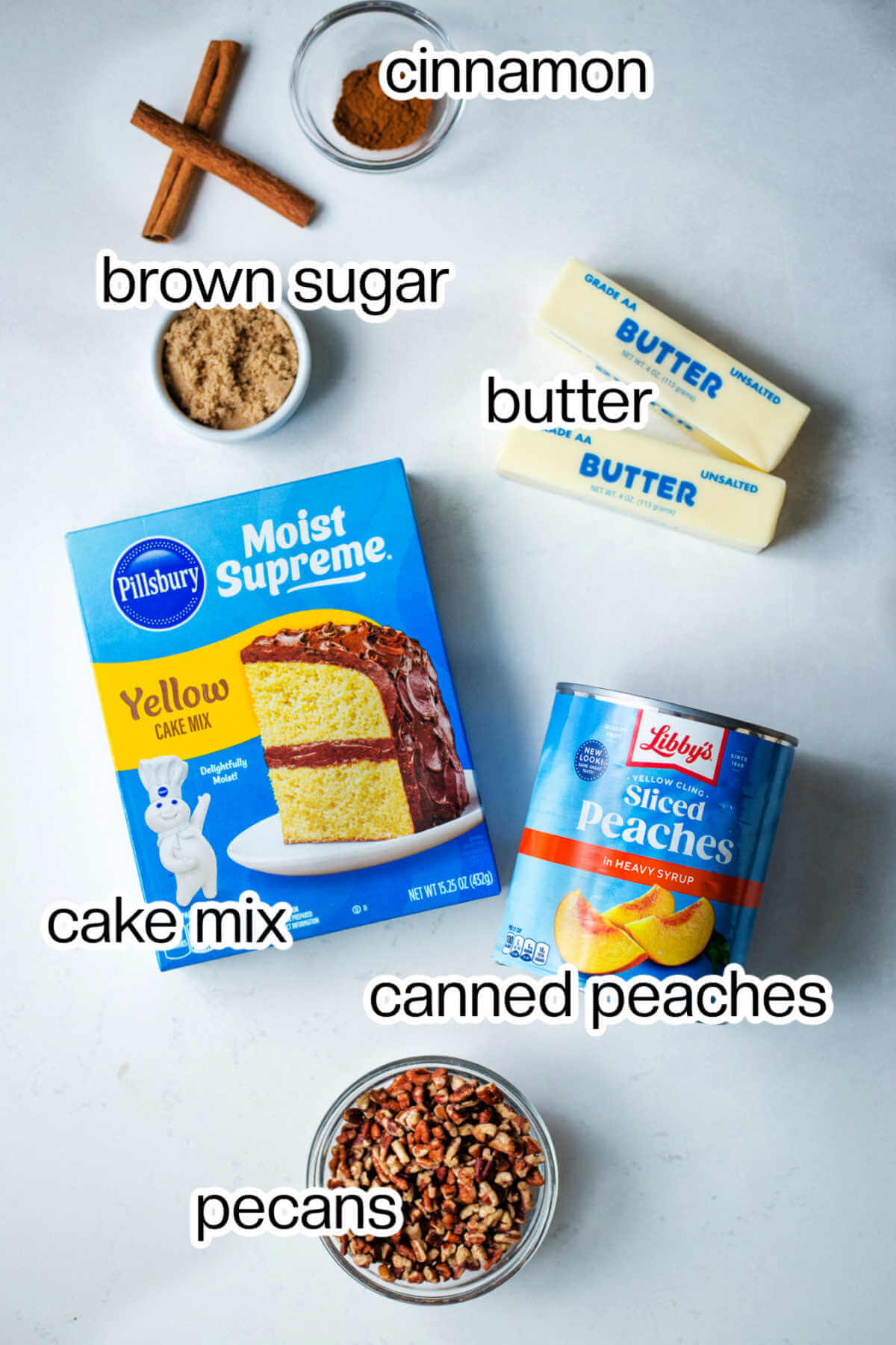 Ingredients needed to make peach dump cake.