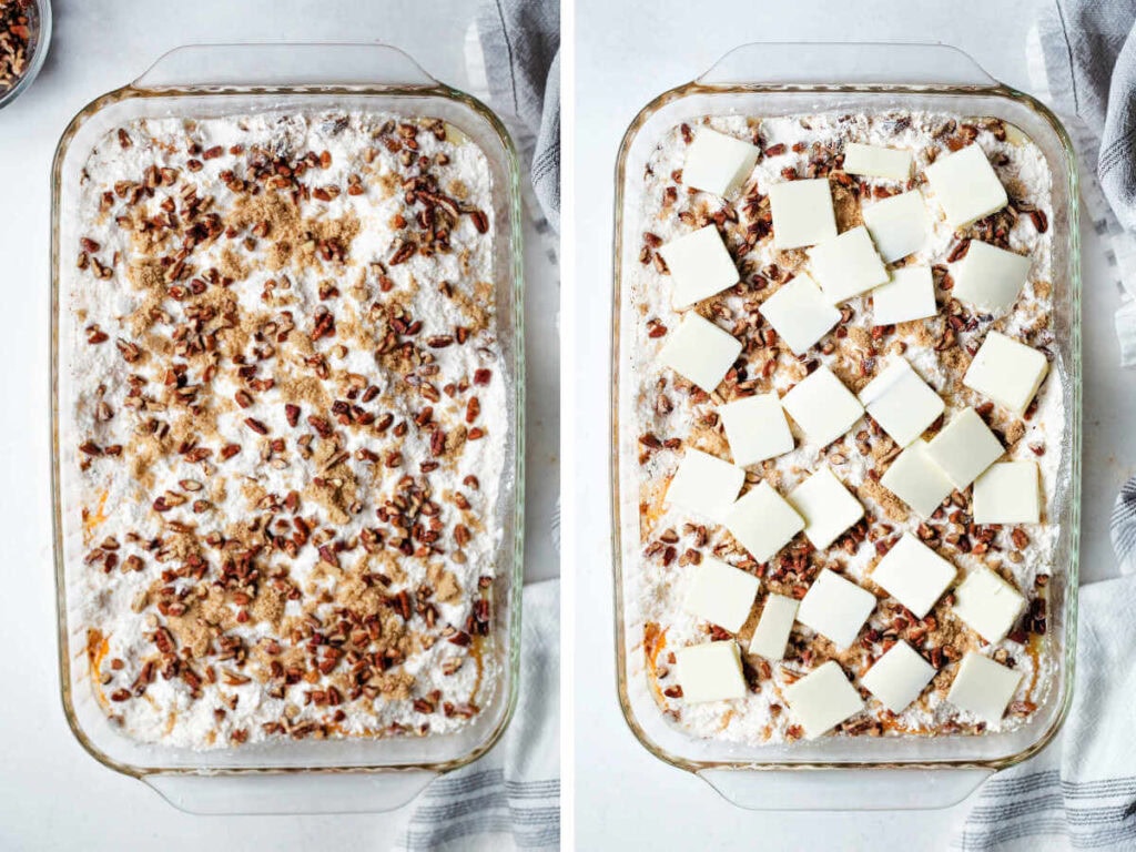 Side by side photos of topping the cake mix with brown sugar, pecans, and slices of butter.
