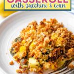 Portion of summer squash casserole on a white plate.