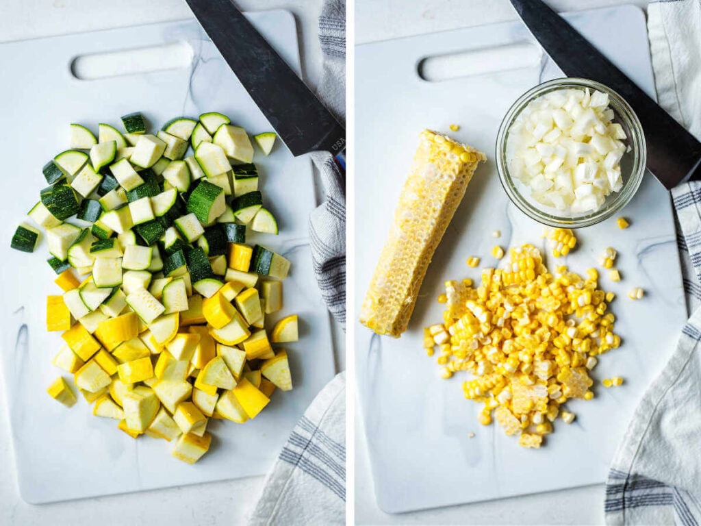 Side by side photos of dicing the squash and cutting the corn off the cob.