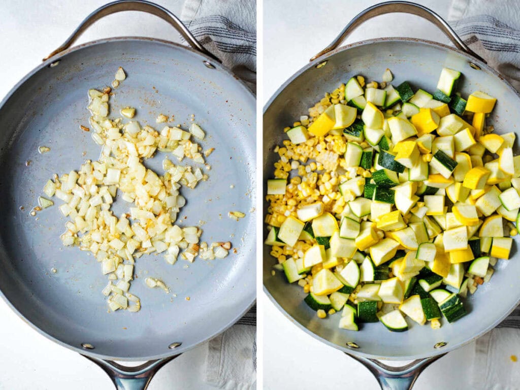 Sautéing aromatics and squash in a skillet.