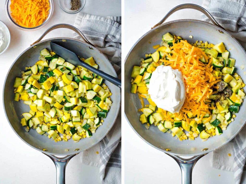 Side by side photos of cooking the squash and adding cheese and sour cream.