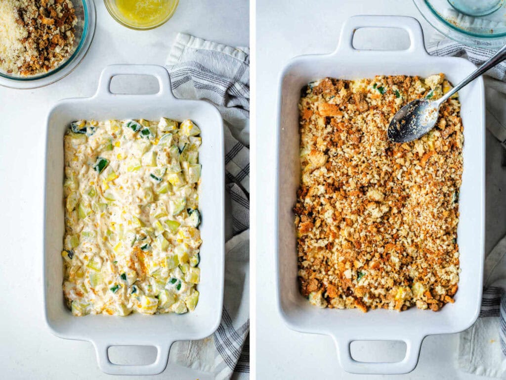 Creamy squash mixture in a white baking dish with crunchy topping placed on top.