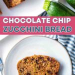 Slice of chocolate chip zucchini bread on a plate.