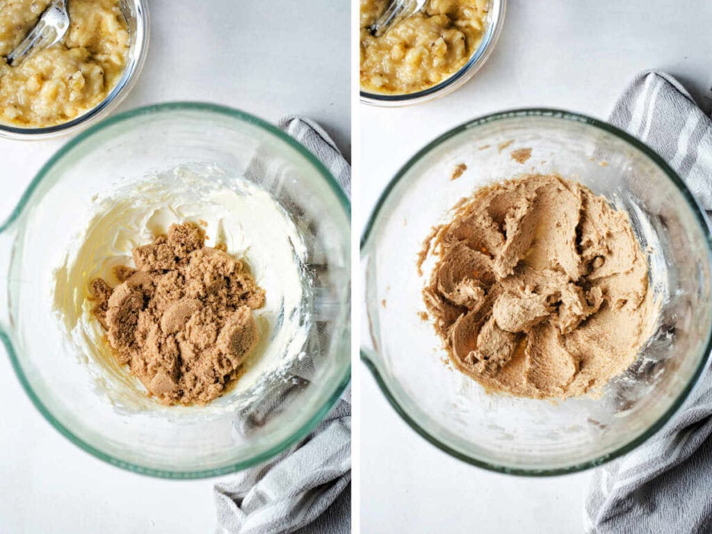 Side by side photos of creaming together butter and sugar.