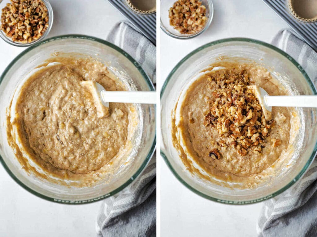 Side by side photos of folding in the walnuts into the muffin batter.