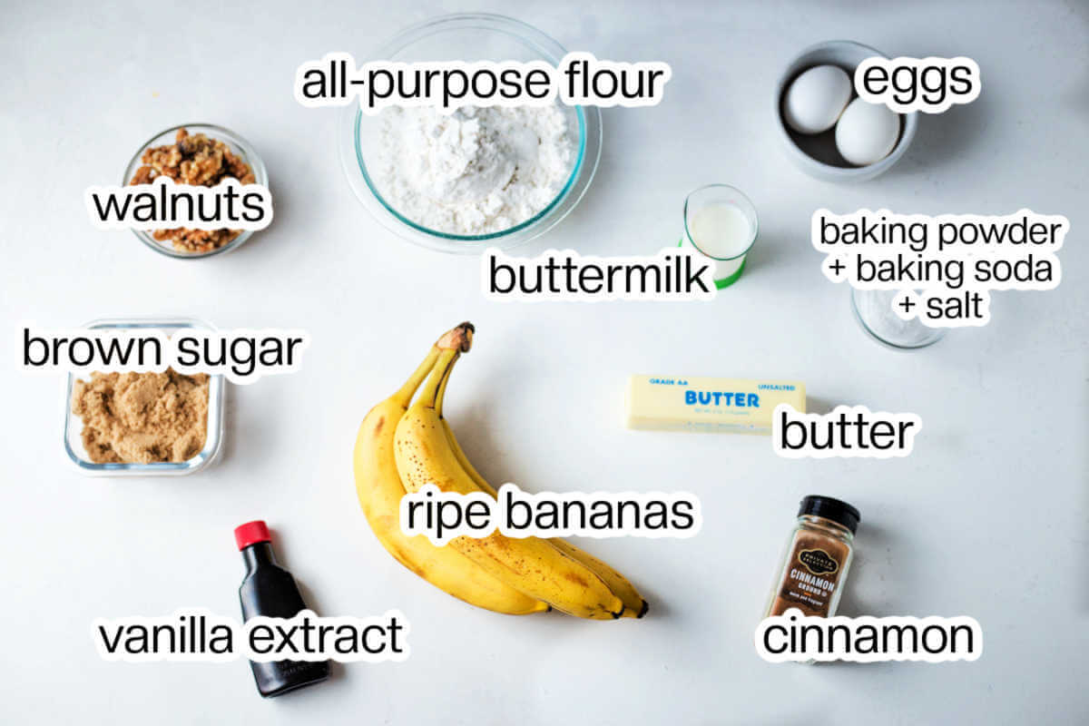 Ingredients needed to make homemade banana nut muffins.