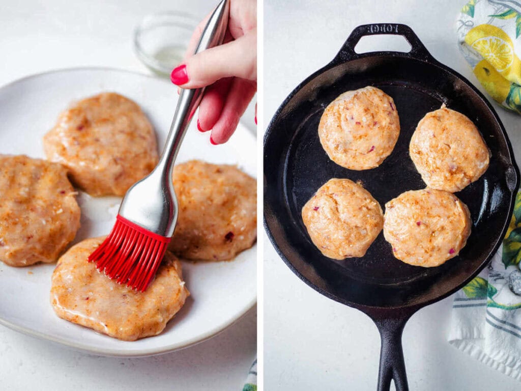 Side by side photos of brushing the chicken burgers with oil and searing them in a cast iron skillet.