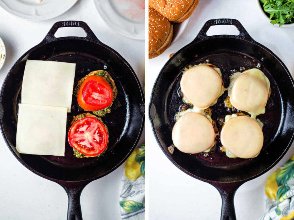 Topping the chicken burgers with slices of cheese in the skillet and letting them melt.