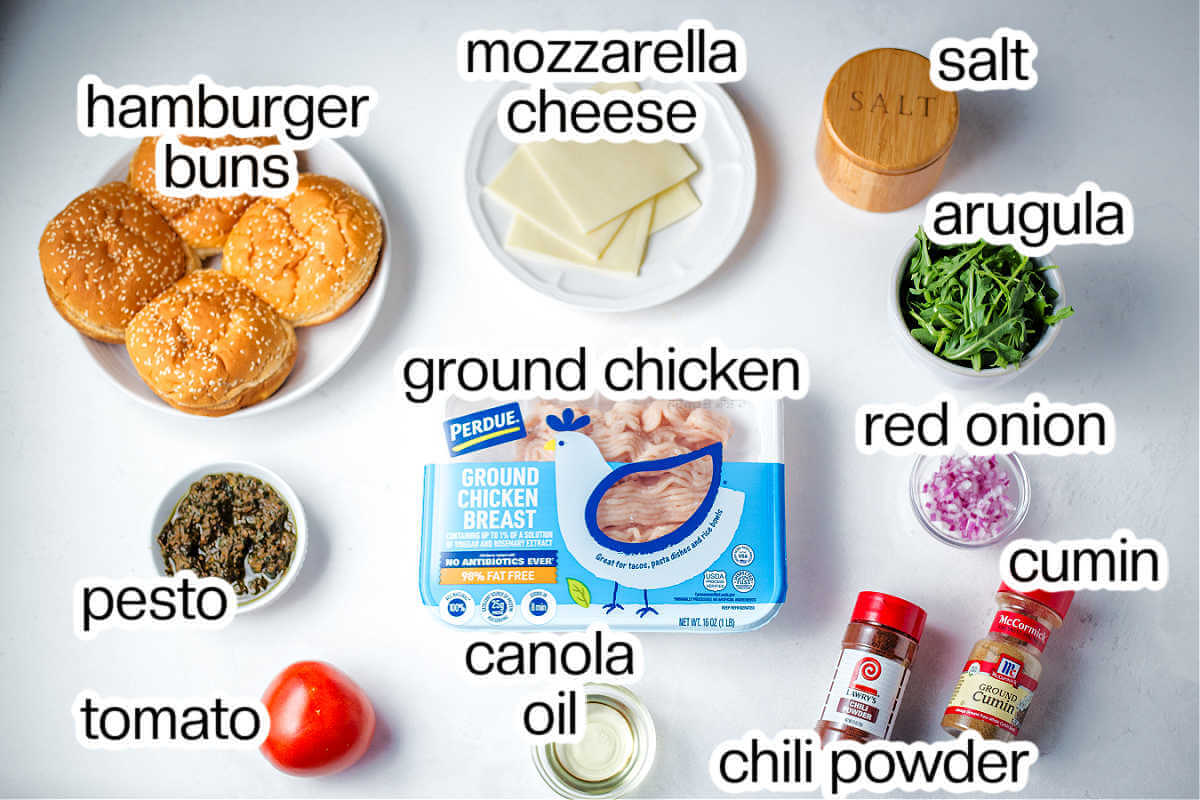 Ingredients needed to make caprese ground chicken burgers.