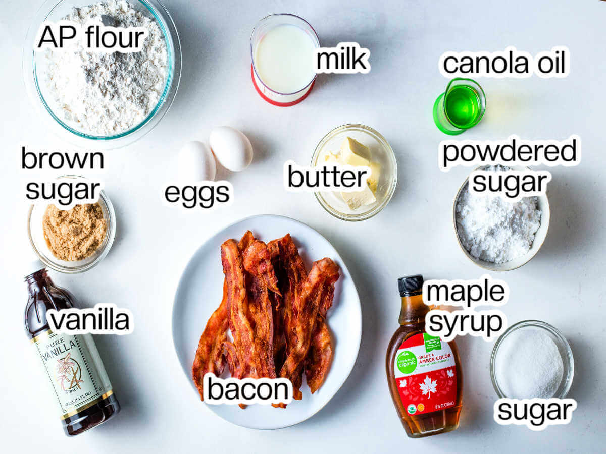 Ingredients needed to make bacon muffins with maple glaze.