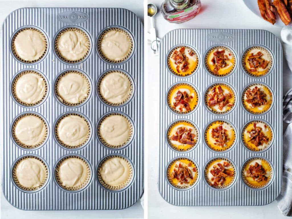 Dividing the batter into the muffin tin and topping with bacon and maple syrup.