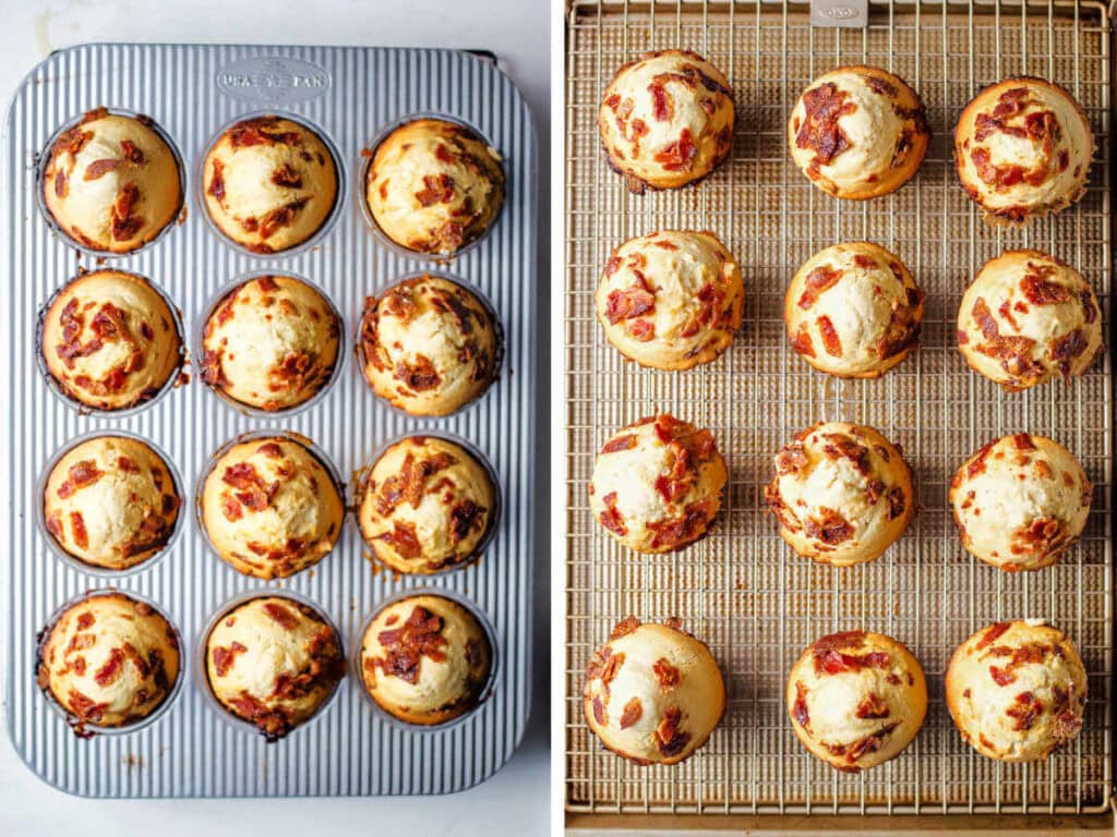 Baking and cooling the bacon maple muffins.