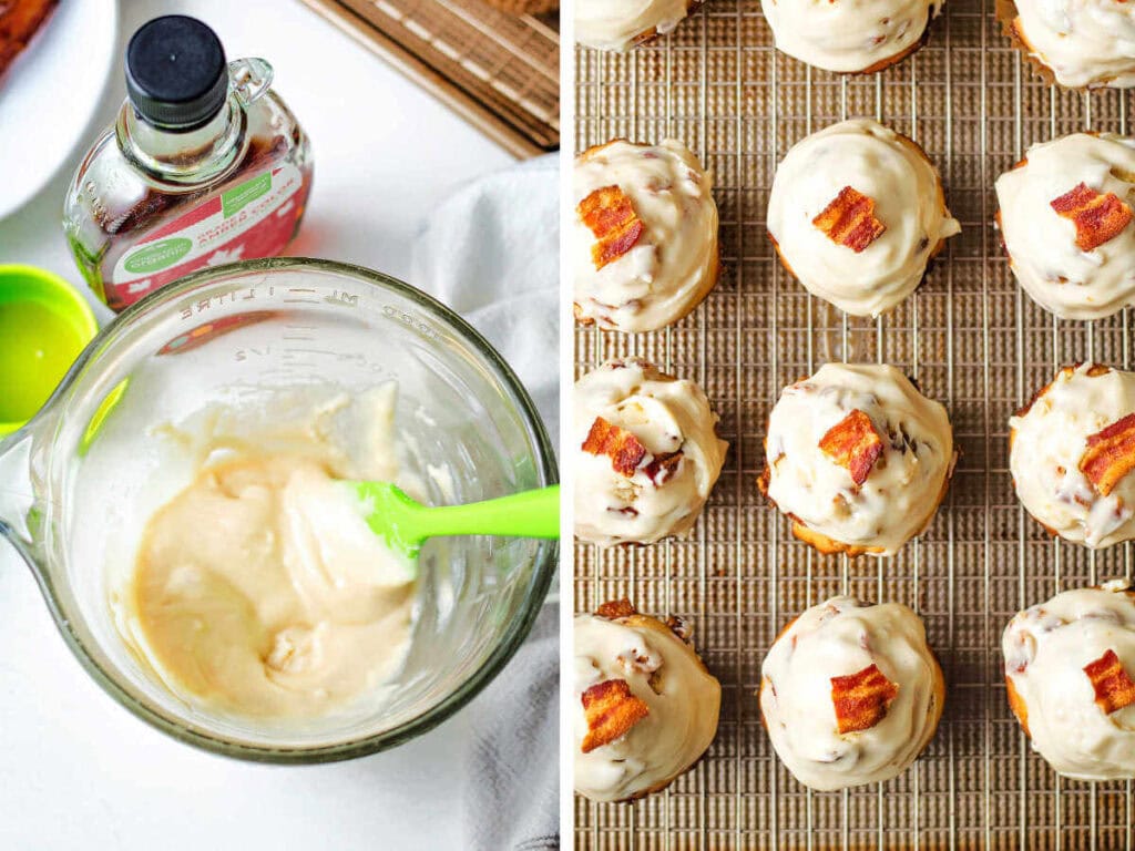 Side by side photos of making the maple glaze and topping the muffins with the glaze.