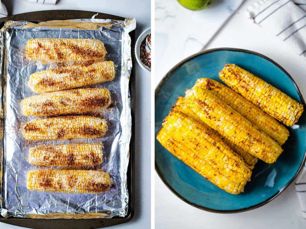 Seasoned corn on the cob before and after roasting.