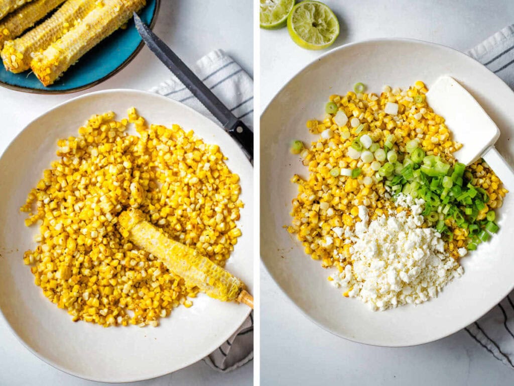 Side by side photos of removing the corn kernels from the cob and adding cheese and green onions.
