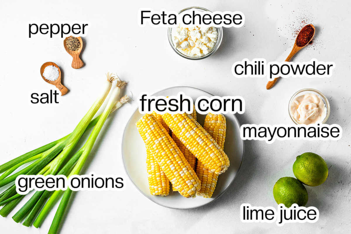 Labeled photo of ingredients needed to make Mexican corn salad.