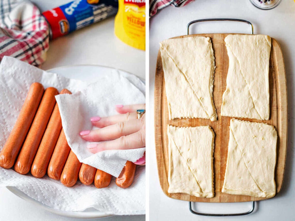 Side by side photos of dabbing the hot dogs with paper towels and the crescent dough rolled out.