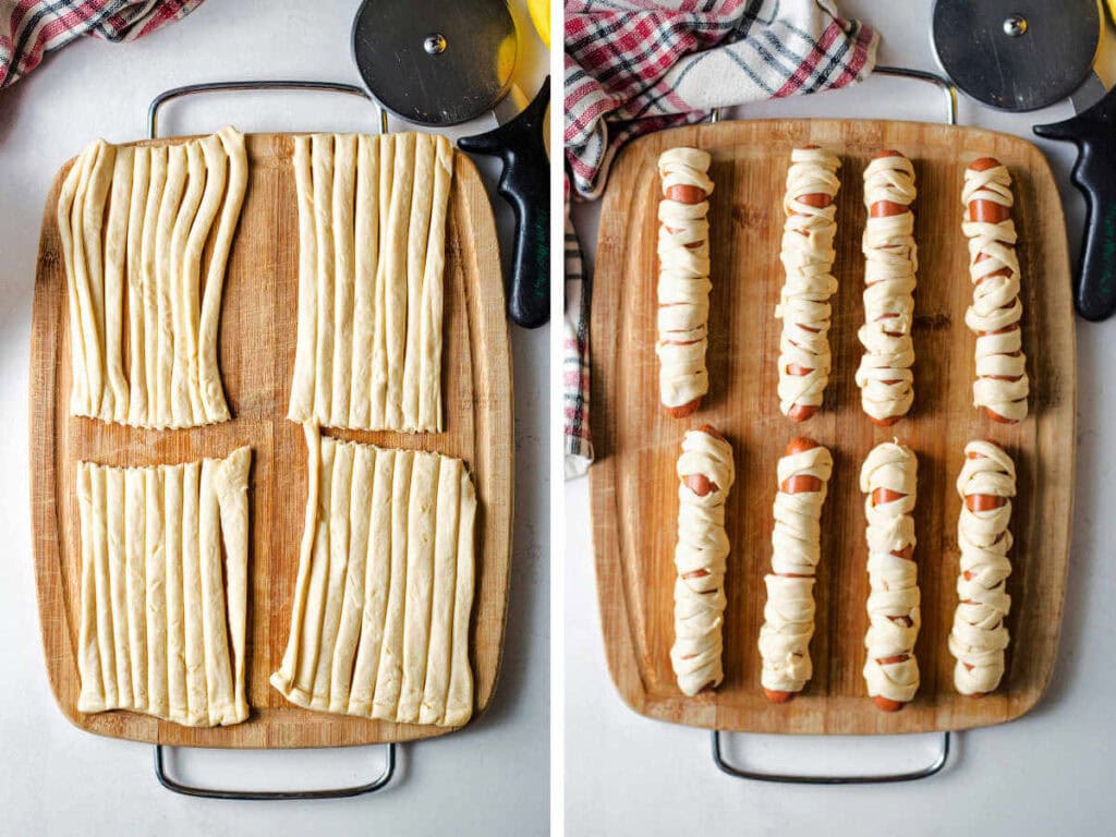 Side by side photos of the crescent roll dough and wrapping the hot dogs.
