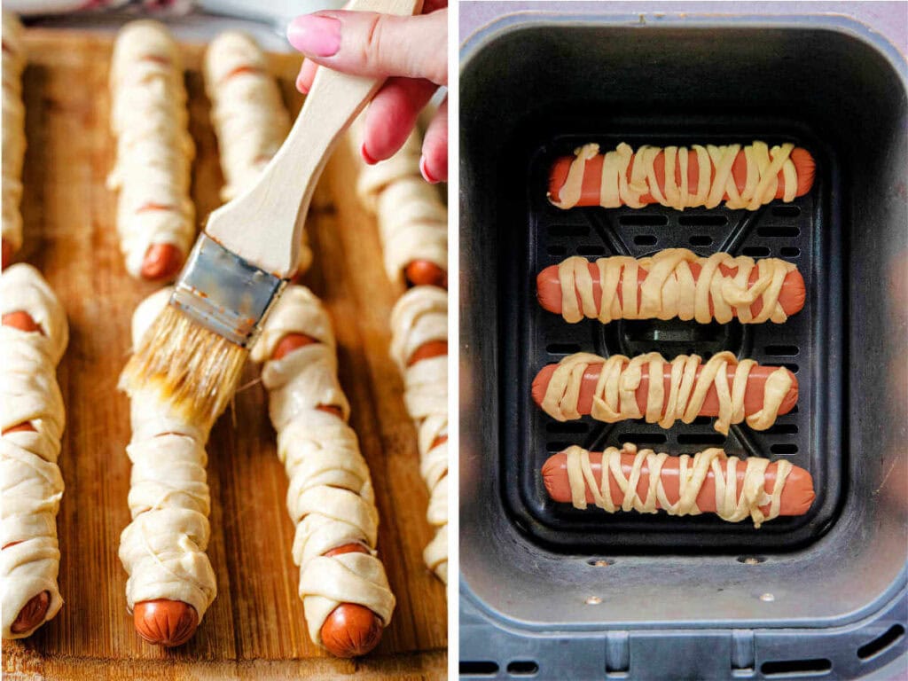 Side by side photos of brushing the hot dogs with an egg wash and putting them in the air fryer.