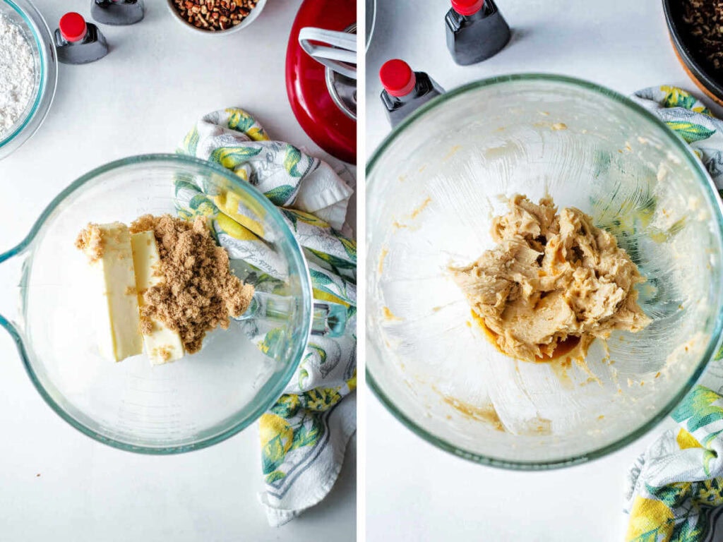 Side by side photos of creaming butter and sugar together.