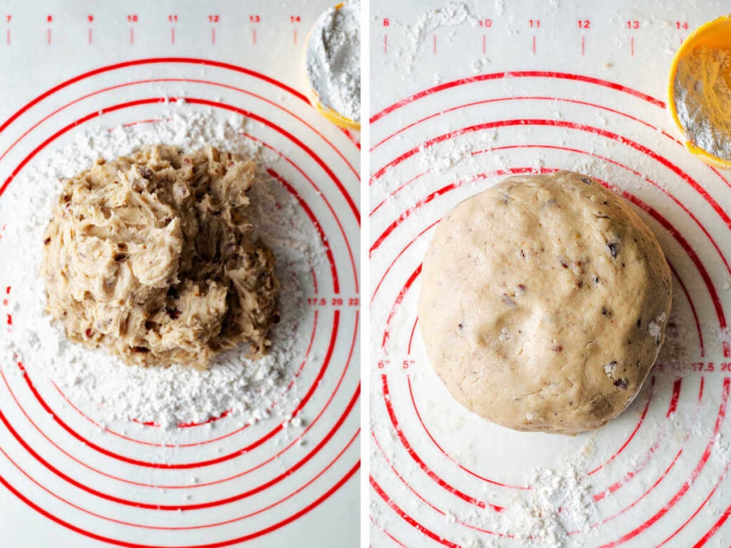 Side by side photos of kneading the shortbread dough with some extra flour until smooth.