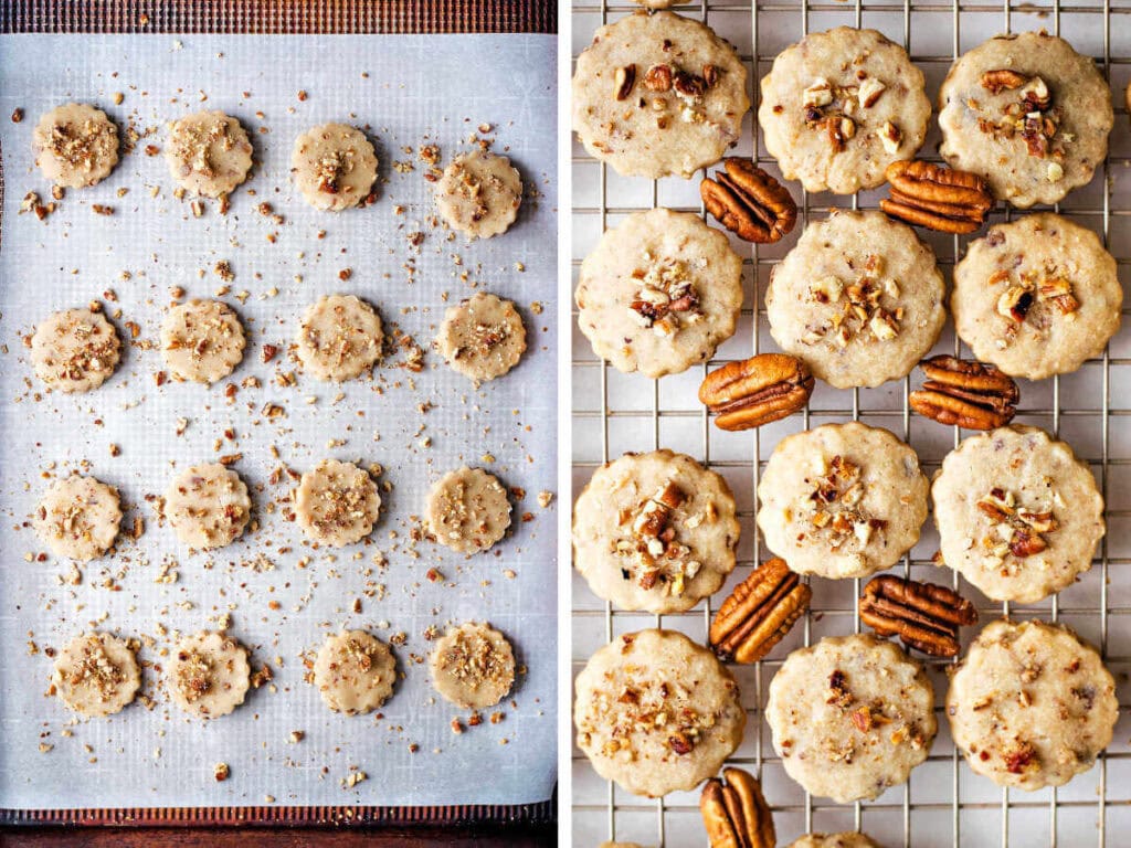 Sprinkling more pecans on top of the cookies before baking and cooling.