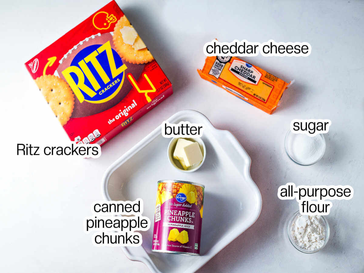 Ingredients needed to make pineapple casserole with ritz cracker topping.