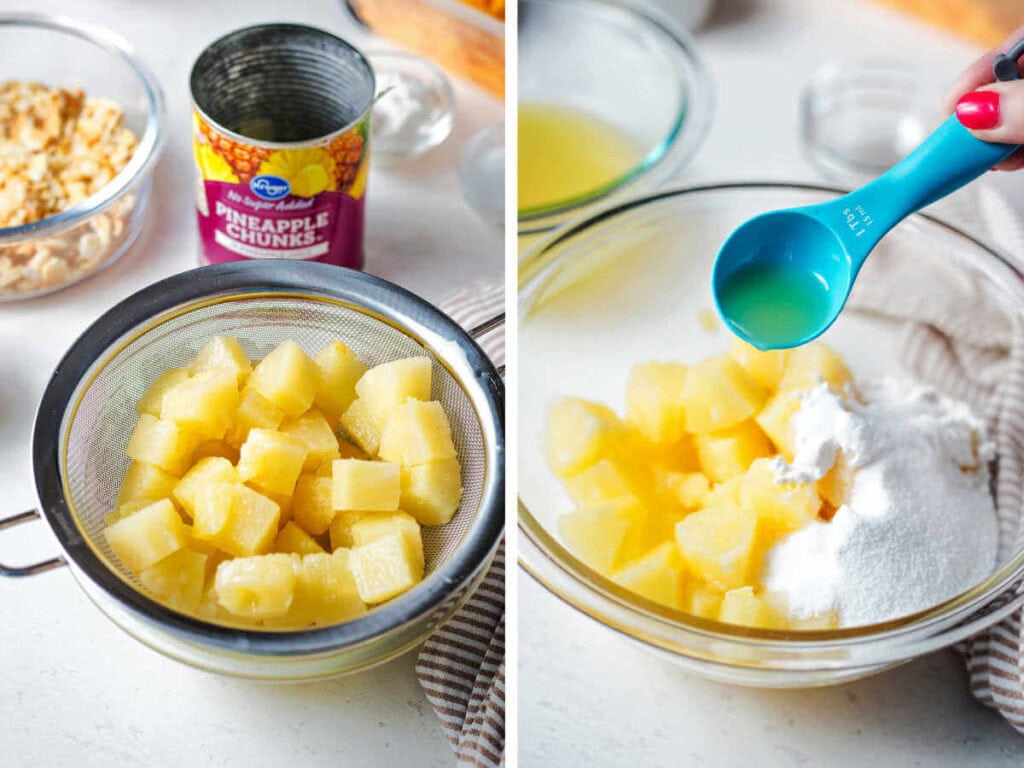 Side by side photos of draining pineapple chunks and mixing them with additional ingredients.