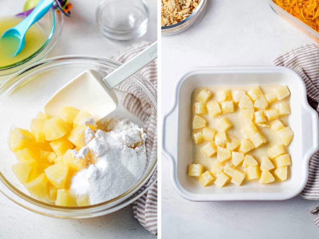 Side by side photos of mixing the pineapple filling and placing it into a baking dish.