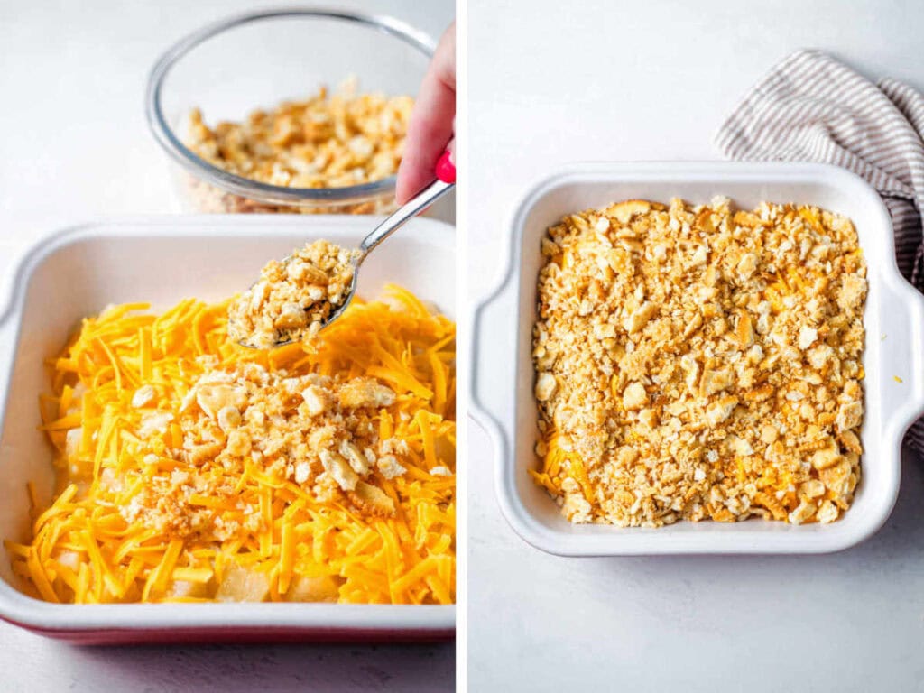 Side by side photos of sprinkling the cracker topping on top of the casserole.