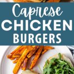 Chicken Burgers dressed with tomato, pesto, arugula, and mozzarella cheese.