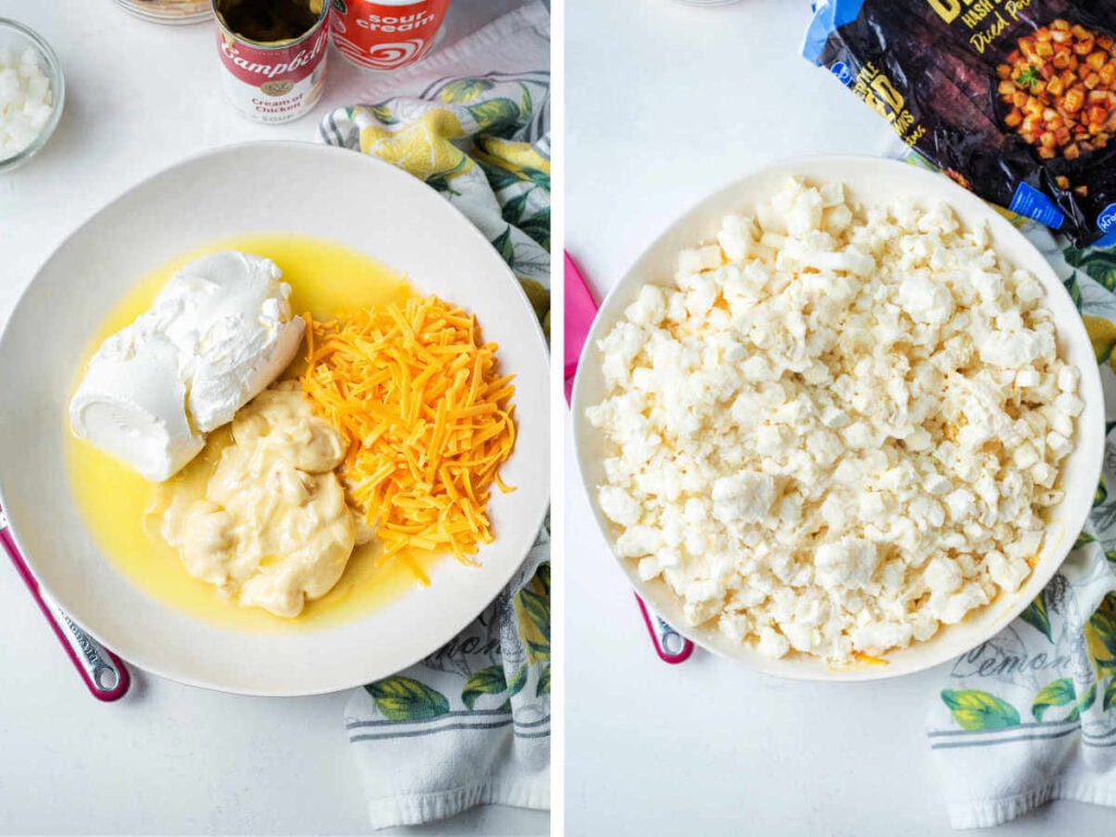 Side by side photos of the components of the filling for funeral potatoes.