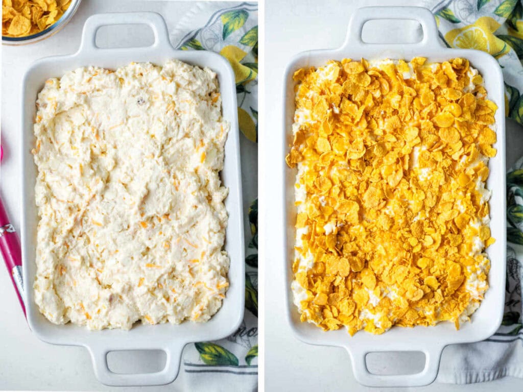 Side by side photos of the filling and then the topping of funeral potatoes in a baking dish.