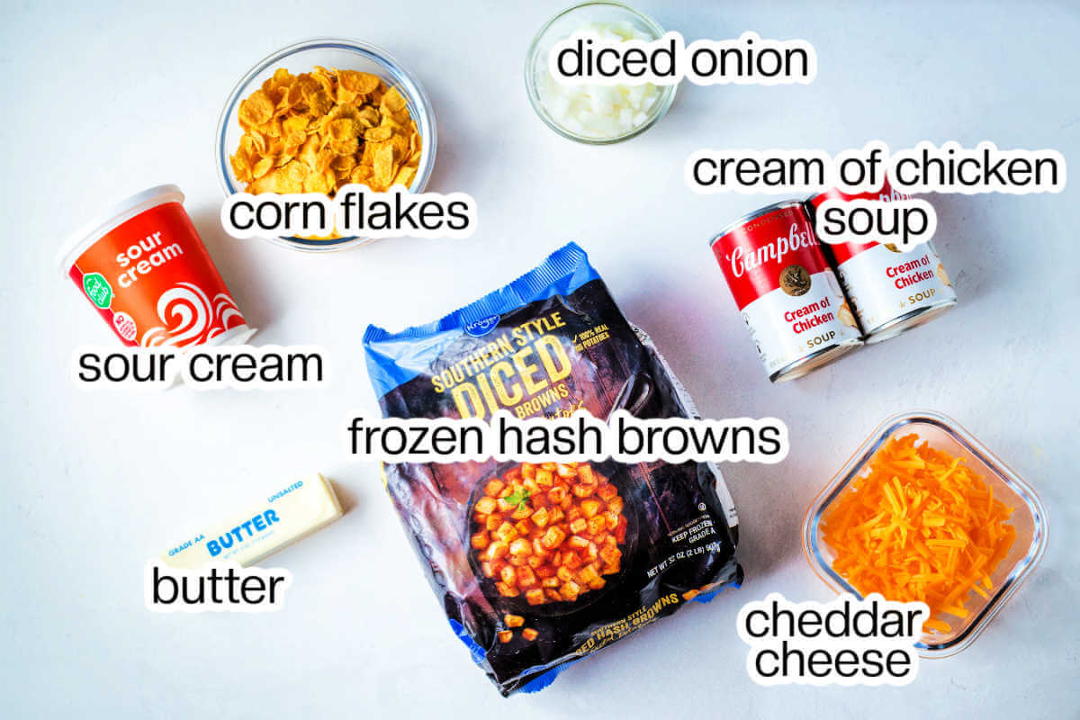 Ingredients needed to make cheesy funeral potatoes.