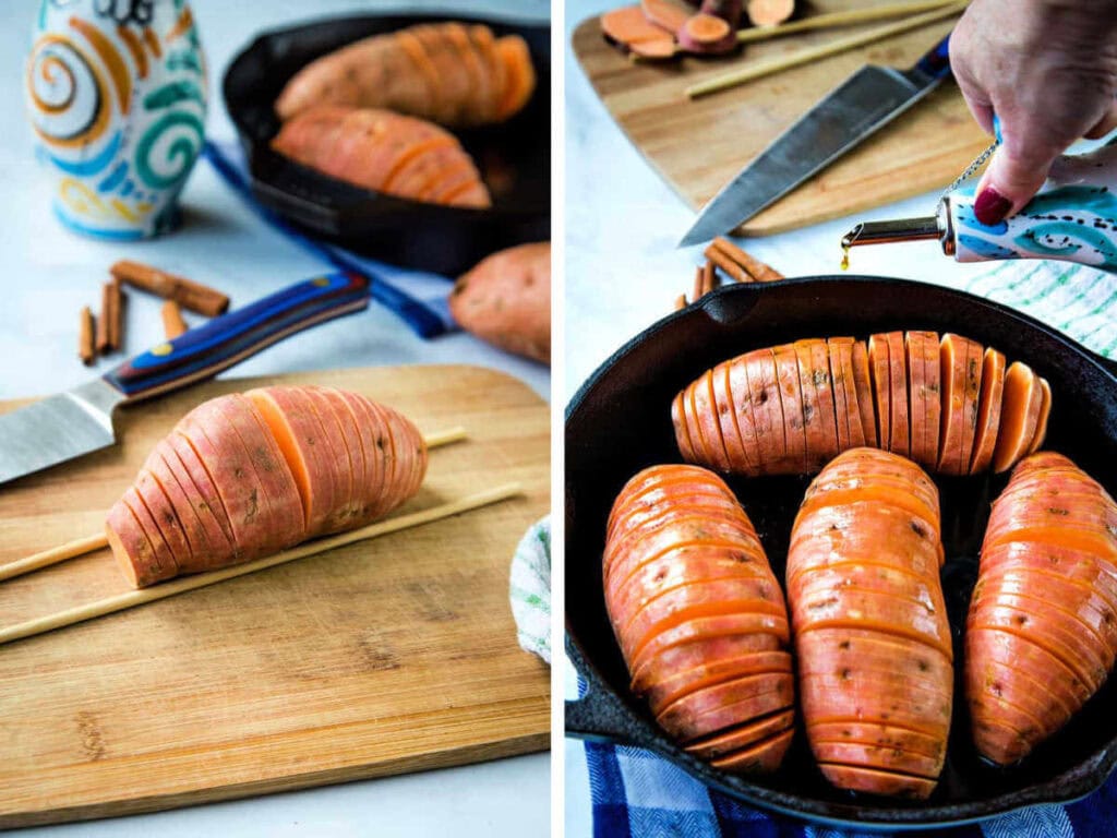 Side by side photos of slicing the sweet potatoes and drizzling them with olive oil.