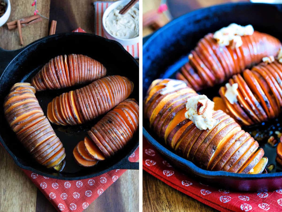 Baked hasselback sweet potatoes before and after adding maple butter on top.