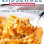Pneapple Cheese Casserole on a spoon being lifted out of a dish.
