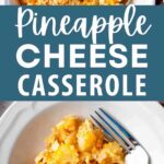 A serving of Pineapple Casserole on a plate with a fork.