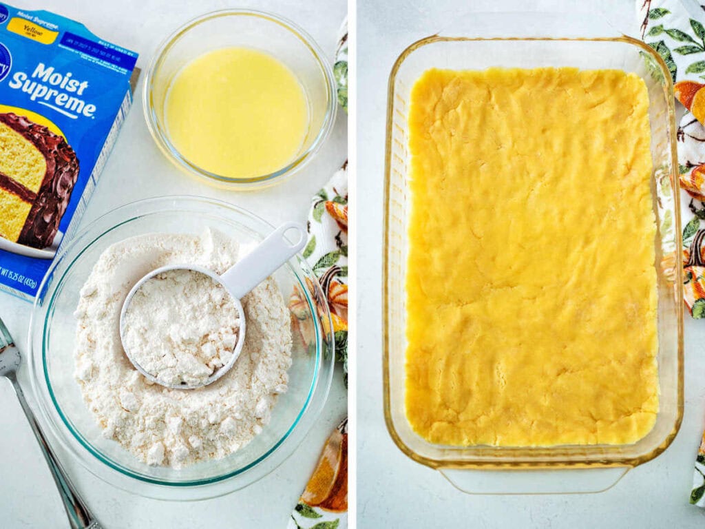 Side by side photos of mixing the cake mix with melted butter and pressing it into a baking dish.
