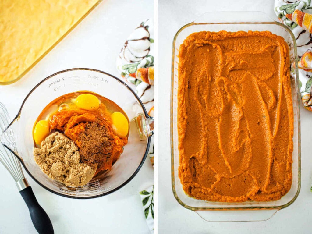 Side by side photos of making the pumpkin custard filling.