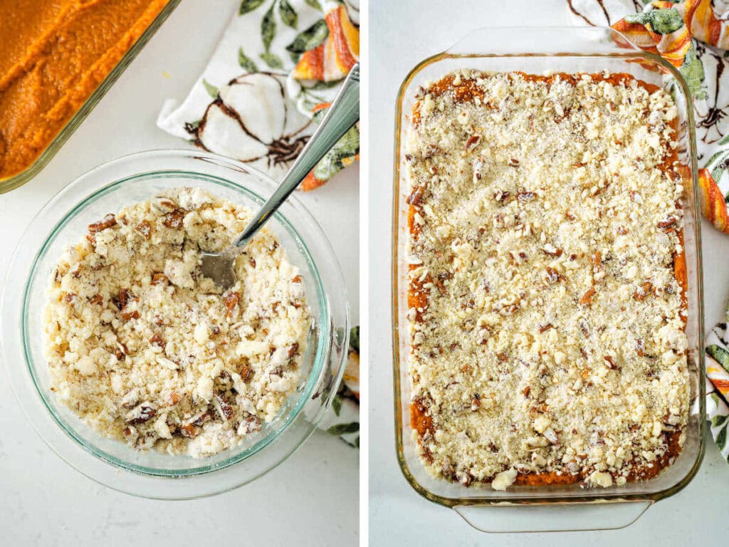 Side by side photos of making the pecan crumble topping and placing it on top of the dump cake.