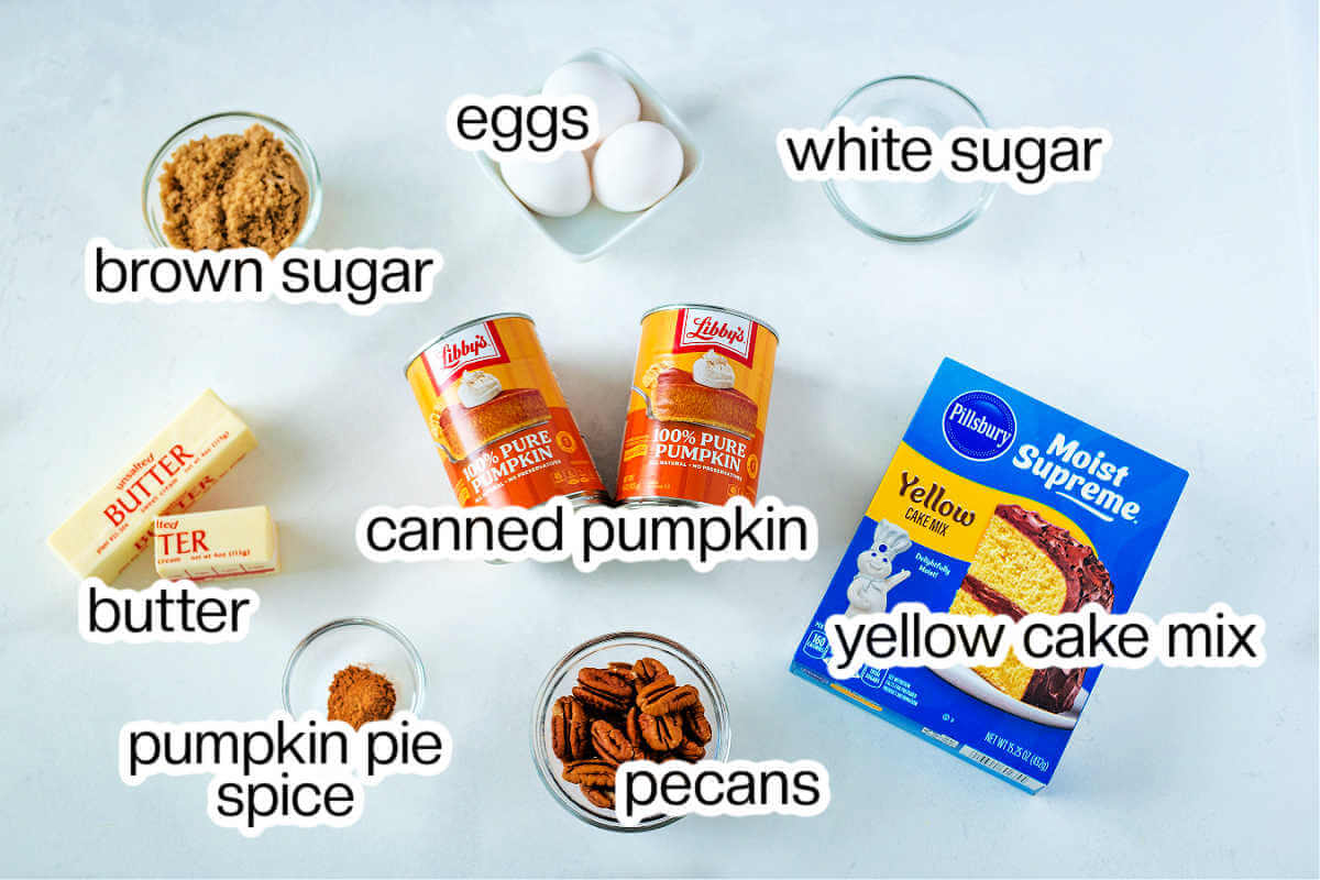 Ingredients needed to make pumpkin dump cake.