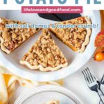Slices of sweet potato pie on a plate and in a dish.