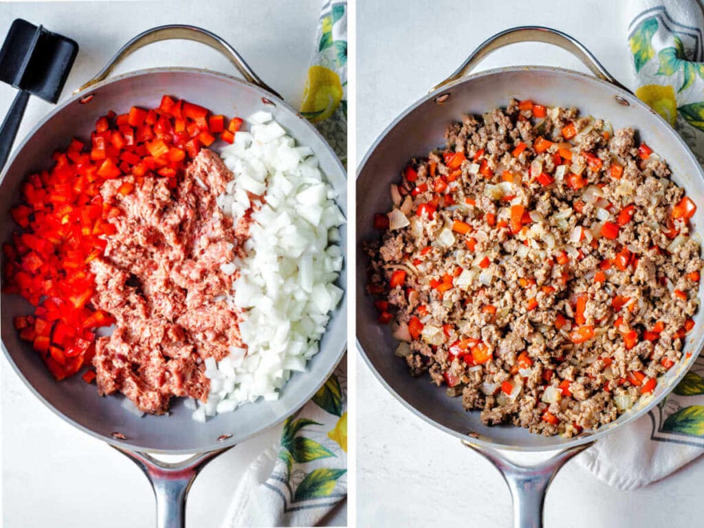 Side by side photos of cooking the sausage, red bell pepper, and onion.