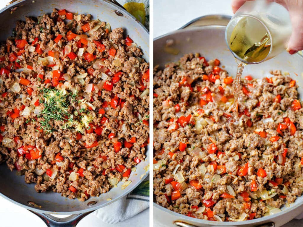 Side by side photos of adding garlic and thyme to the meat mixture, then pouring in some wine.