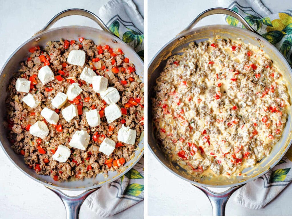 Side by side photos of stirring in cream cheese into the sausage mixture.